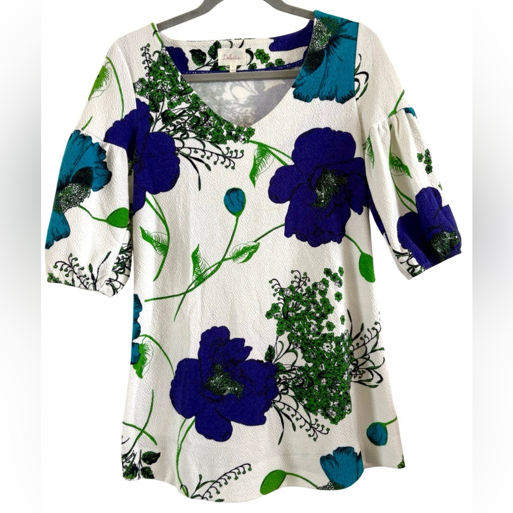 Anthropologie Deletta Blue Poppy Tunic Size XS Textured Floral Oversized